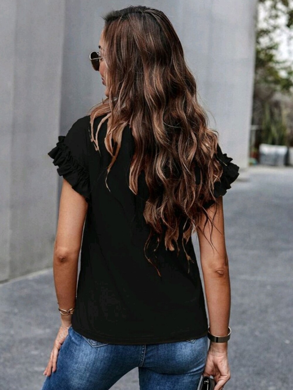 Women Solid Black Ruffle Short Sleeve Crewneck Relax Fit Top Size Medium Casual - Picture 2 of 8